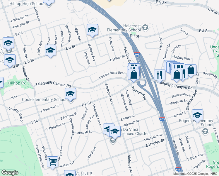 map of restaurants, bars, coffee shops, grocery stores, and more near 877 Melrose Avenue in Chula Vista
