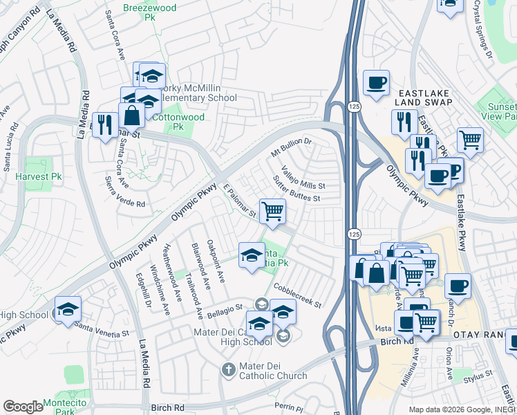 map of restaurants, bars, coffee shops, grocery stores, and more near 1388 Challis Place in Chula Vista