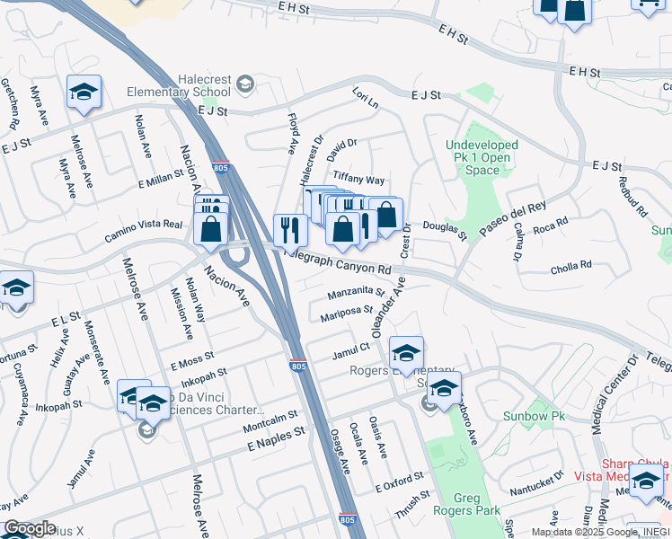 map of restaurants, bars, coffee shops, grocery stores, and more near 566 Telegraph Canyon Road in Chula Vista