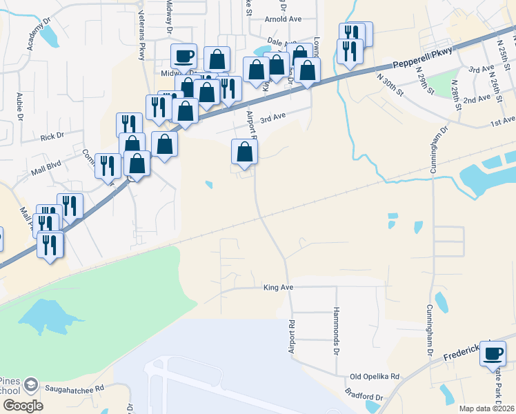 map of restaurants, bars, coffee shops, grocery stores, and more near 2006 Airport Road in Opelika