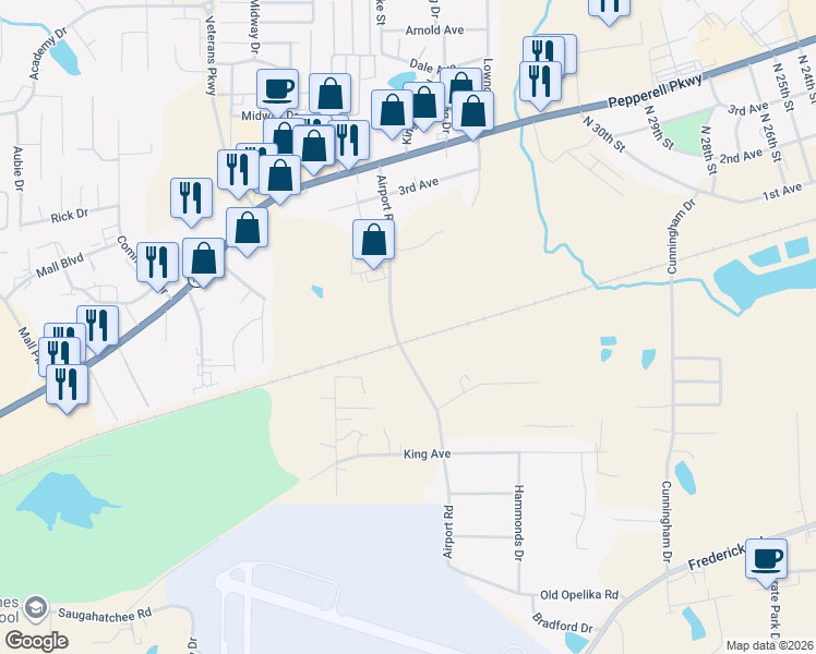 map of restaurants, bars, coffee shops, grocery stores, and more near 2006 Airport Road in Opelika