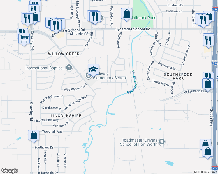 map of restaurants, bars, coffee shops, grocery stores, and more near 8513 Autumn Creek Trail in Fort Worth