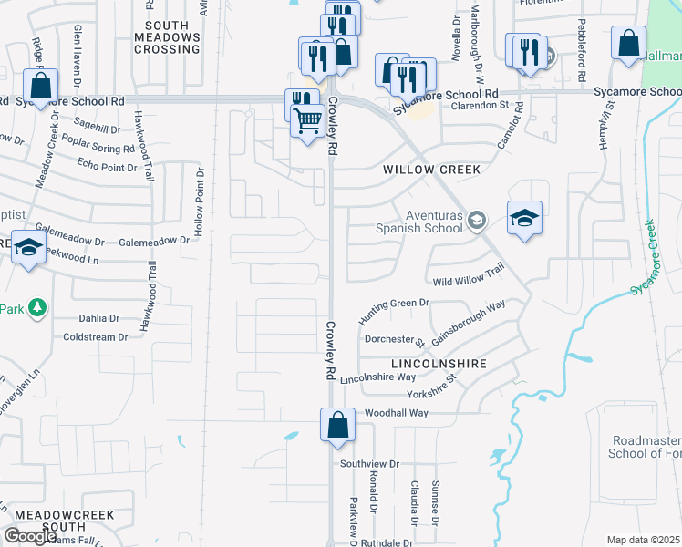 map of restaurants, bars, coffee shops, grocery stores, and more near 1913 Kings Canyon Circle in Fort Worth