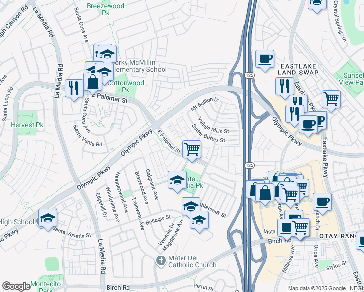 map of restaurants, bars, coffee shops, grocery stores, and more near 1875 Cannes Place in Chula Vista