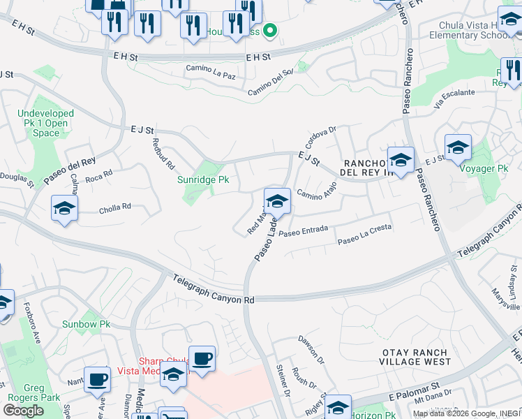 map of restaurants, bars, coffee shops, grocery stores, and more near 1093 Red Maple Drive in Chula Vista