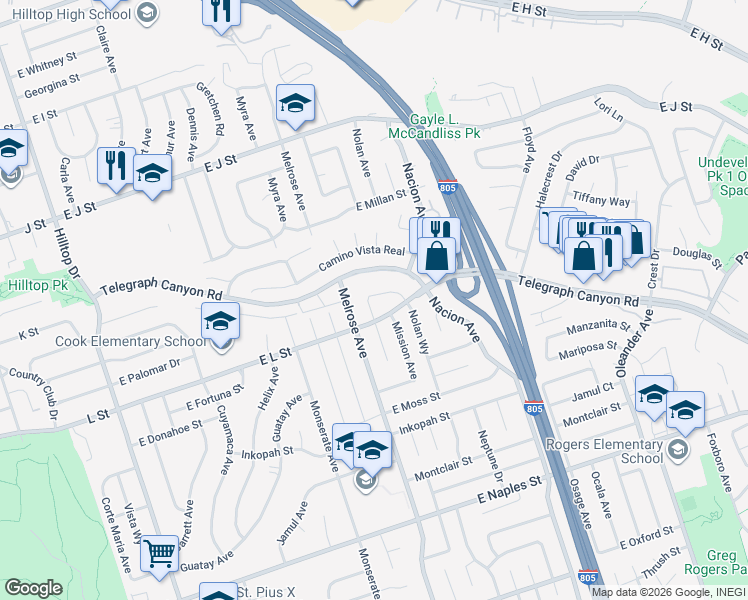 map of restaurants, bars, coffee shops, grocery stores, and more near 314 Nolan Way in Chula Vista