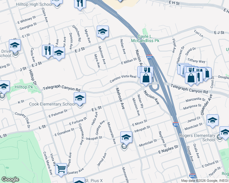 map of restaurants, bars, coffee shops, grocery stores, and more near 200 Telegraph Canyon Road in Chula Vista