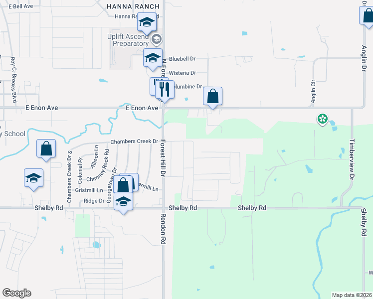 map of restaurants, bars, coffee shops, grocery stores, and more near 8305-8441 Forest Hill Drive in Fort Worth