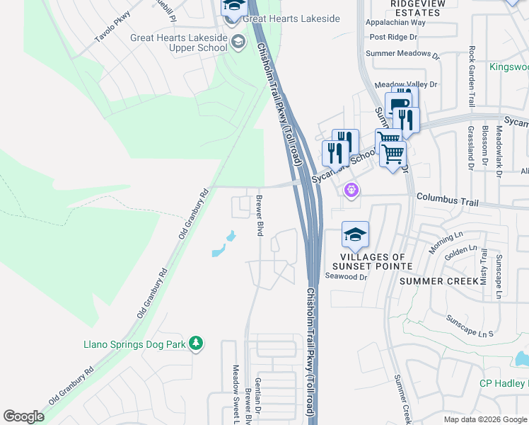 map of restaurants, bars, coffee shops, grocery stores, and more near Columbus Trail in Fort Worth
