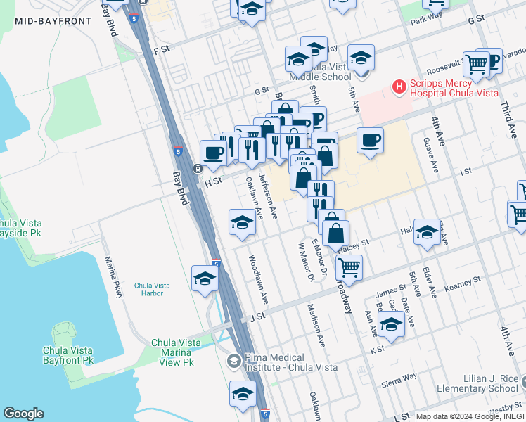 map of restaurants, bars, coffee shops, grocery stores, and more near 563 Oaklawn Avenue in Chula Vista