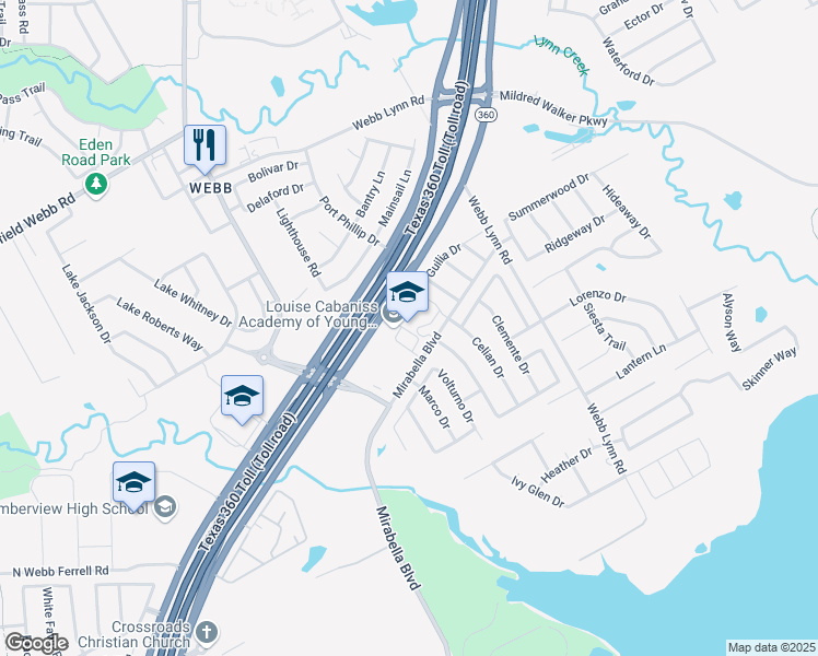 map of restaurants, bars, coffee shops, grocery stores, and more near 6080 Mirabella Boulevard in Grand Prairie