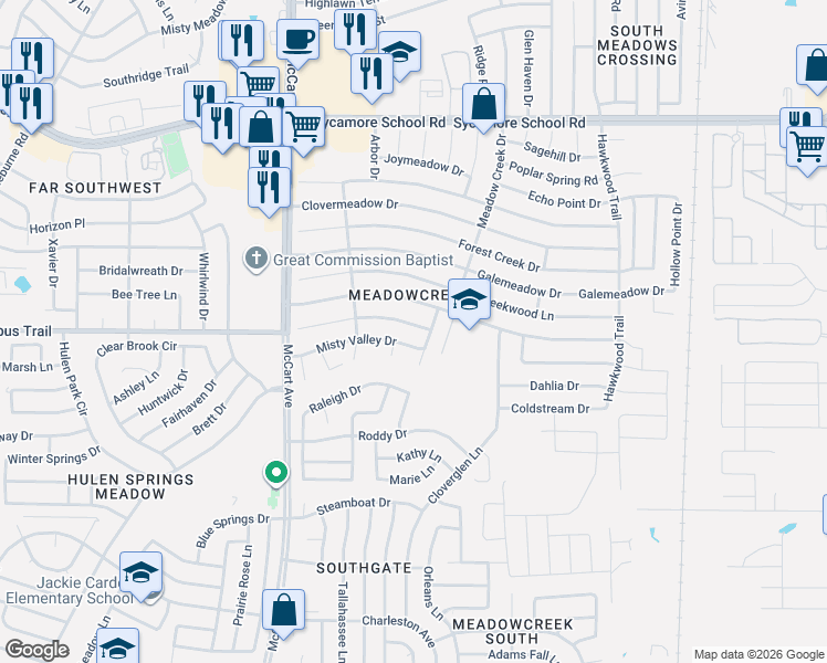 map of restaurants, bars, coffee shops, grocery stores, and more near 2909 Fairmeadows Lane in Fort Worth