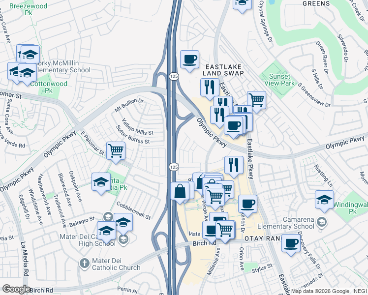 map of restaurants, bars, coffee shops, grocery stores, and more near 2036 Mayon Road in Chula Vista