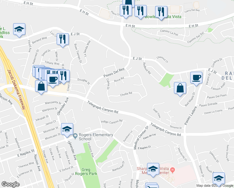 map of restaurants, bars, coffee shops, grocery stores, and more near 721 Cholla Road in Chula Vista
