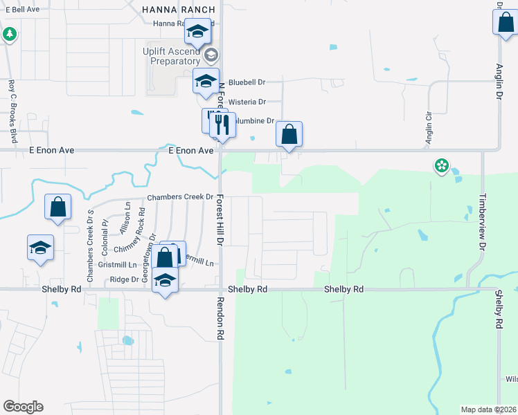 map of restaurants, bars, coffee shops, grocery stores, and more near 8305-8441 Forest Hill Drive in Fort Worth