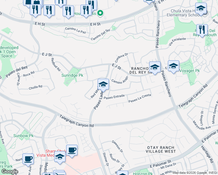 map of restaurants, bars, coffee shops, grocery stores, and more near 1106 Paseo Marquerita in Chula Vista