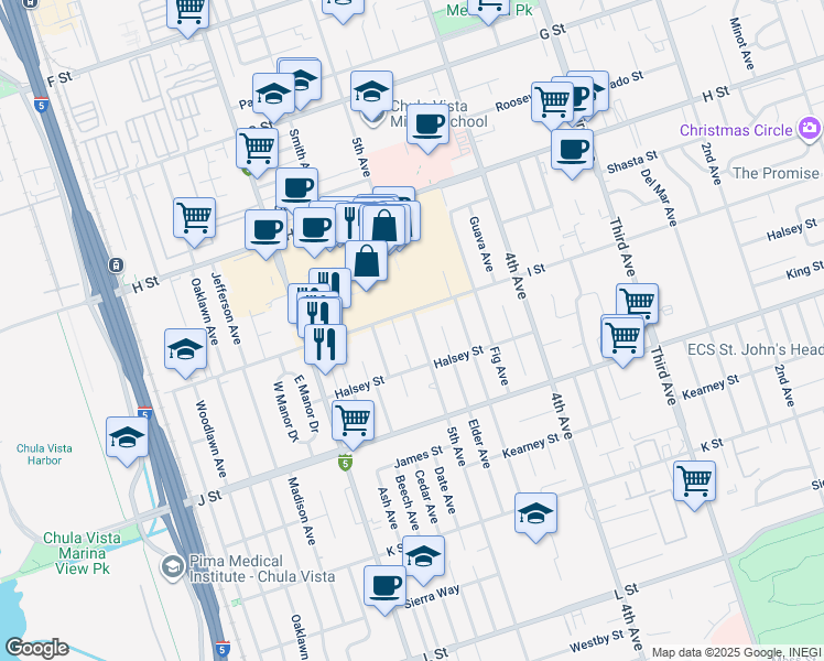 map of restaurants, bars, coffee shops, grocery stores, and more near 614 5th Avenue in Chula Vista