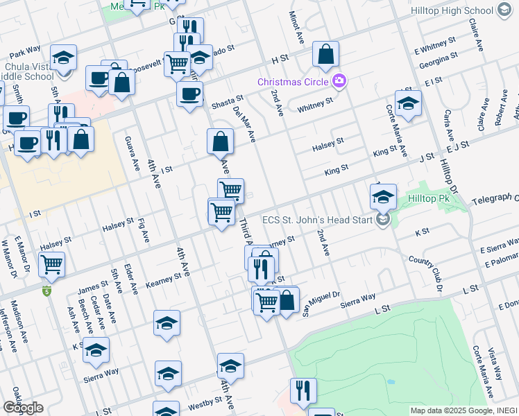 map of restaurants, bars, coffee shops, grocery stores, and more near 271 J Street in Chula Vista