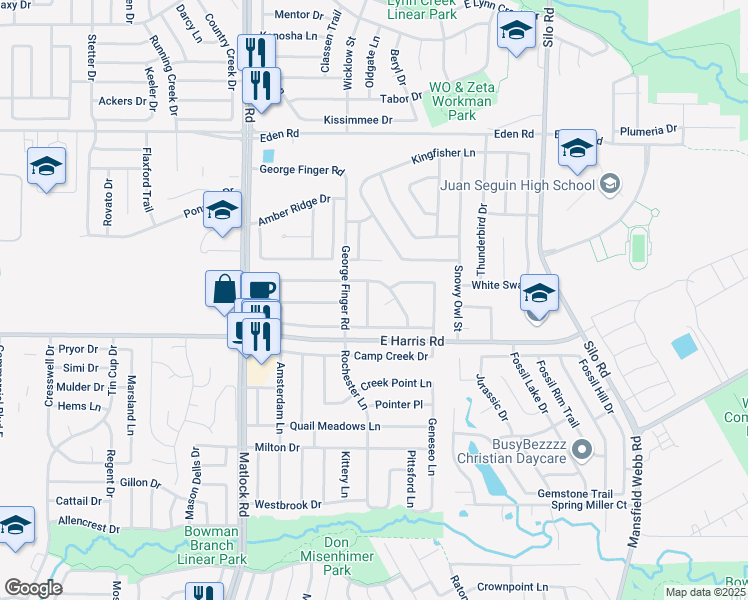 map of restaurants, bars, coffee shops, grocery stores, and more near 7107 Harris Meadows Dr in Arlington