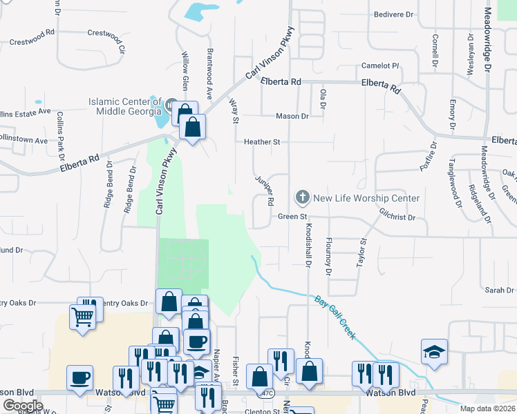 map of restaurants, bars, coffee shops, grocery stores, and more near 107 Hawthorne Road in Warner Robins