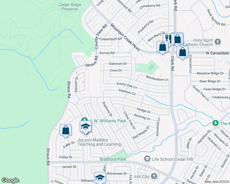 map of restaurants, bars, coffee shops, grocery stores, and more near 9706 Sophora Circle in Dallas