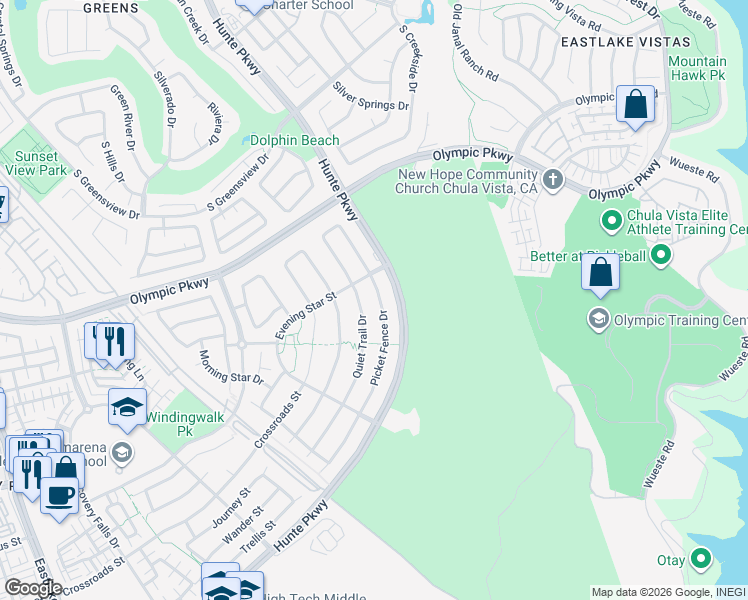 map of restaurants, bars, coffee shops, grocery stores, and more near 1600 Picket Fence Drive in Chula Vista