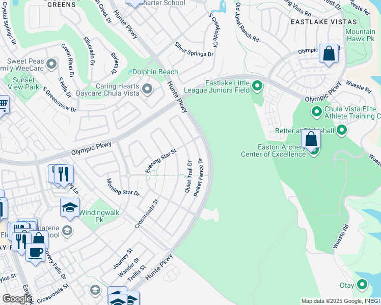 map of restaurants, bars, coffee shops, grocery stores, and more near 1603 Quiet Trail Drive in Chula Vista