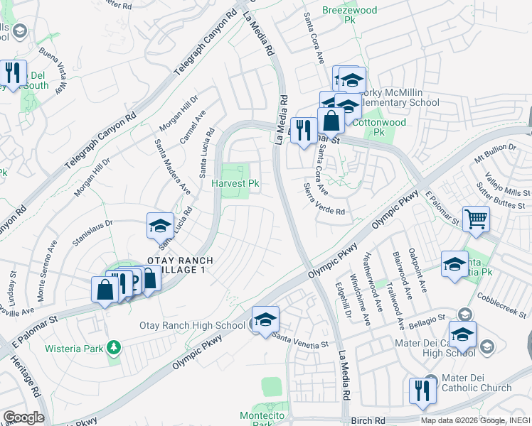 map of restaurants, bars, coffee shops, grocery stores, and more near 1646 Piedmont Street in Chula Vista