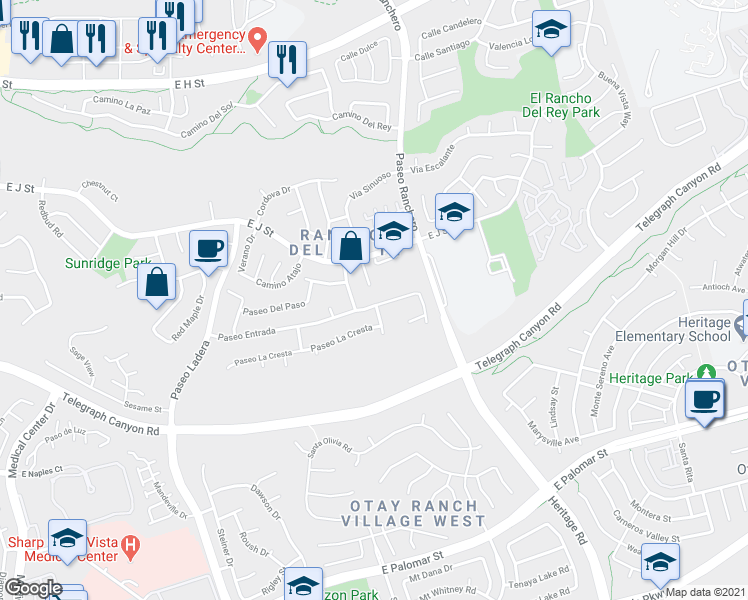 map of restaurants, bars, coffee shops, grocery stores, and more near 1091 Paseo Entrada in Chula Vista