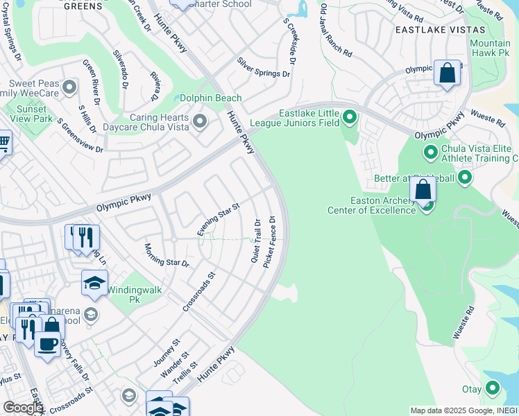map of restaurants, bars, coffee shops, grocery stores, and more near 1603 Quiet Trail Drive in Chula Vista