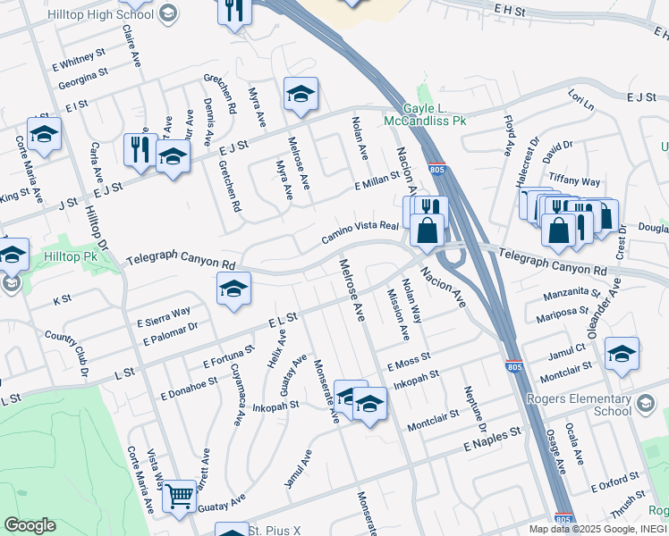 map of restaurants, bars, coffee shops, grocery stores, and more near 215 Camlau Drive in Chula Vista