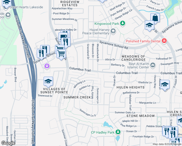 map of restaurants, bars, coffee shops, grocery stores, and more near 5120 Dewdrop Lane in Fort Worth