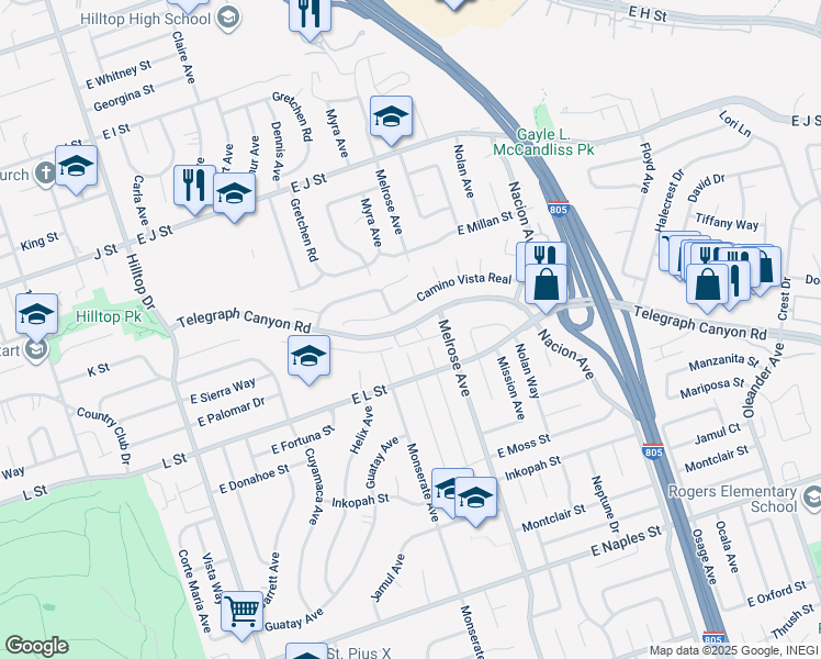 map of restaurants, bars, coffee shops, grocery stores, and more near 200 Telegraph Canyon Road in Chula Vista
