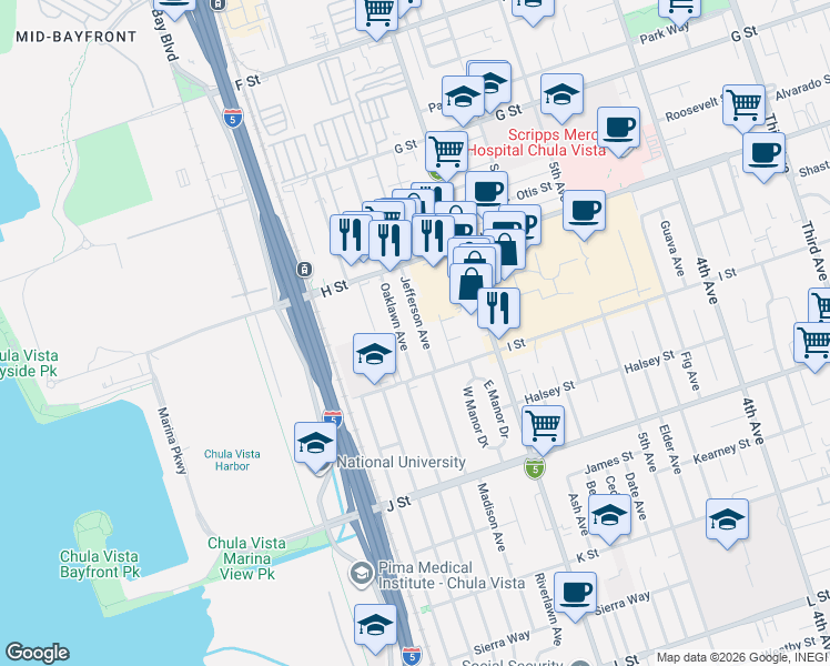map of restaurants, bars, coffee shops, grocery stores, and more near 563 Oaklawn Avenue in Chula Vista