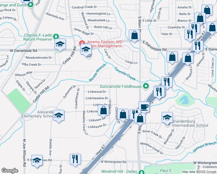 map of restaurants, bars, coffee shops, grocery stores, and more near 310 Softwood Drive in Duncanville