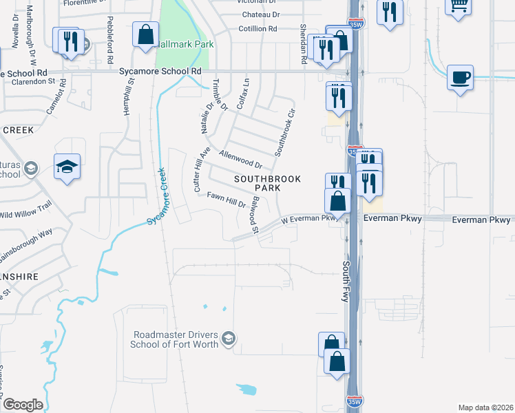 map of restaurants, bars, coffee shops, grocery stores, and more near 8525 Balwood Drive in Fort Worth