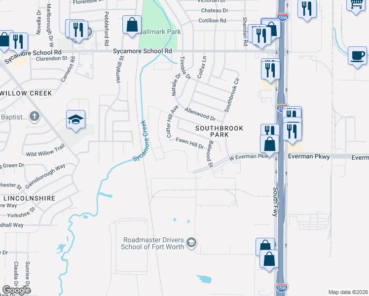 map of restaurants, bars, coffee shops, grocery stores, and more near 420 Cameron Hill Point in Fort Worth