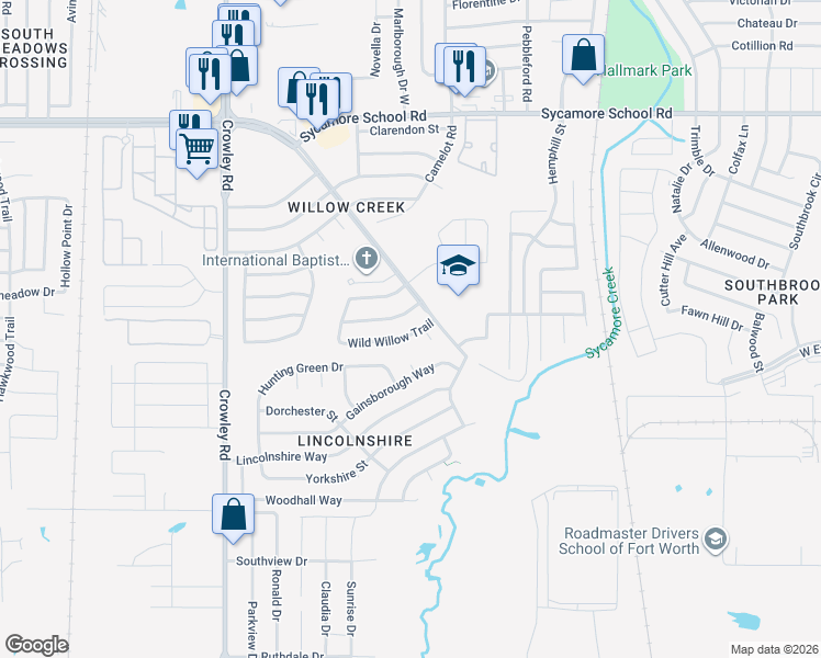 map of restaurants, bars, coffee shops, grocery stores, and more near 8500 Willow Creek Court in Fort Worth