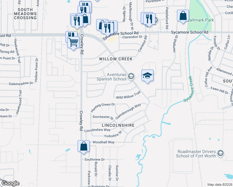 map of restaurants, bars, coffee shops, grocery stores, and more near 1840 Wild Willow Trail in Fort Worth