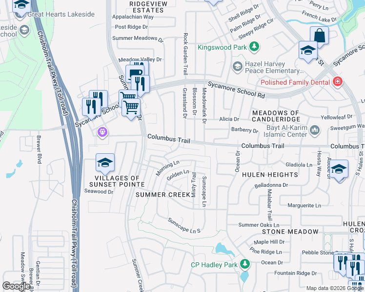 map of restaurants, bars, coffee shops, grocery stores, and more near 5120 Dewdrop Lane in Fort Worth