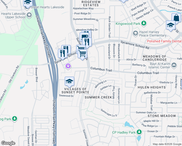 map of restaurants, bars, coffee shops, grocery stores, and more near 5305 Starry Court in Fort Worth