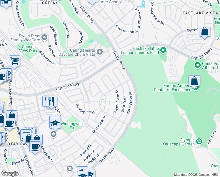 map of restaurants, bars, coffee shops, grocery stores, and more near 1545 Gold Medal Way in Chula Vista