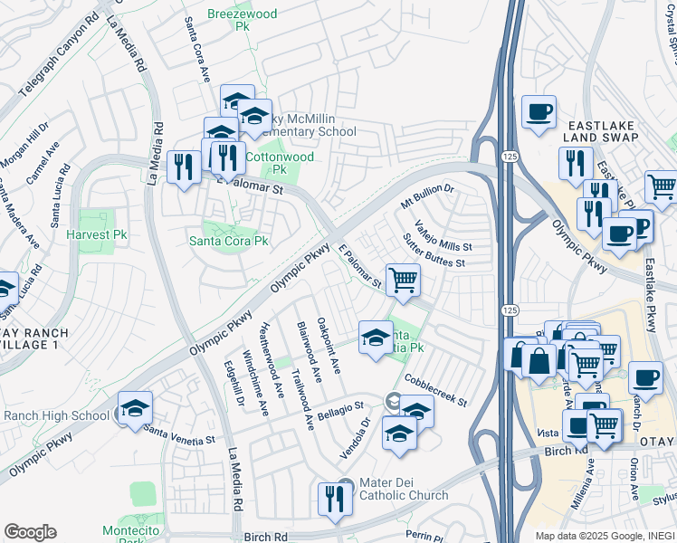 map of restaurants, bars, coffee shops, grocery stores, and more near 1839 Cherbourg Drive in Chula Vista