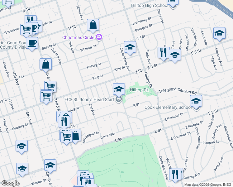 map of restaurants, bars, coffee shops, grocery stores, and more near 105 Kearney Street in Chula Vista