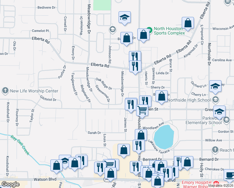 map of restaurants, bars, coffee shops, grocery stores, and more near 207 Meadow Drive in Warner Robins