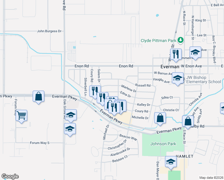 map of restaurants, bars, coffee shops, grocery stores, and more near 1012 Edna Drive in Everman