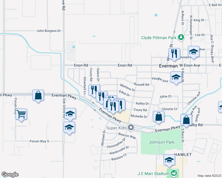 map of restaurants, bars, coffee shops, grocery stores, and more near 1012 Edna Drive in Everman