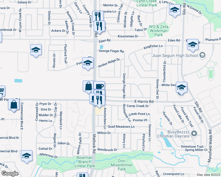 map of restaurants, bars, coffee shops, grocery stores, and more near 207 Quail Trail Lane in Arlington