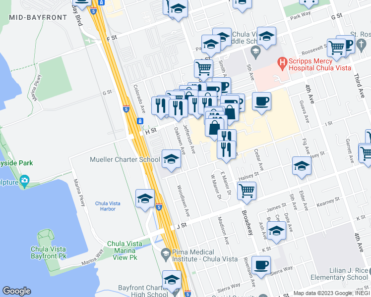 map of restaurants, bars, coffee shops, grocery stores, and more near 557 Oaklawn Avenue in Chula Vista
