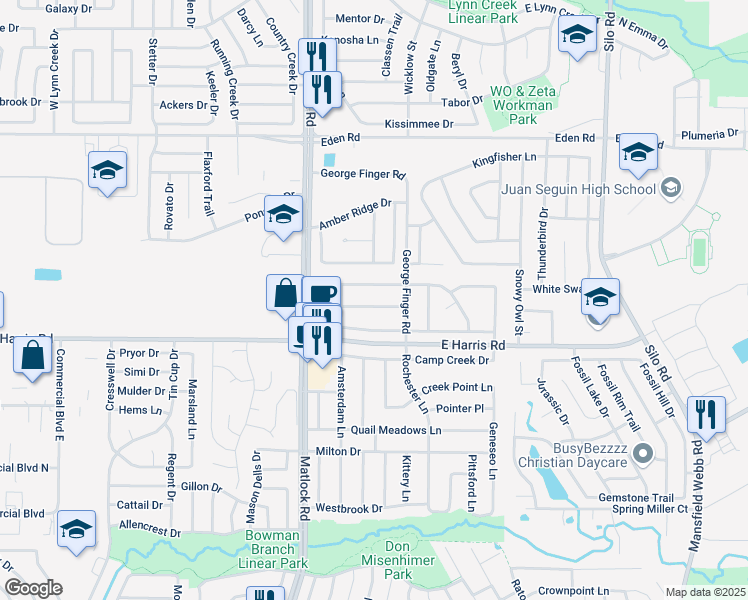 map of restaurants, bars, coffee shops, grocery stores, and more near 207 Quail Trail Lane in Arlington